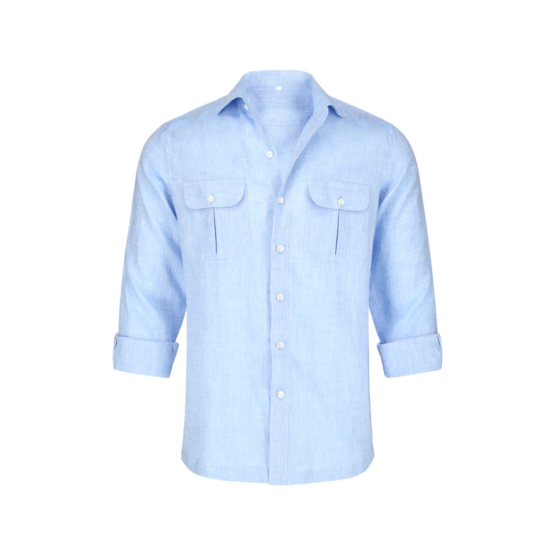 Double Pocket Linen Shirt in Light Blue
