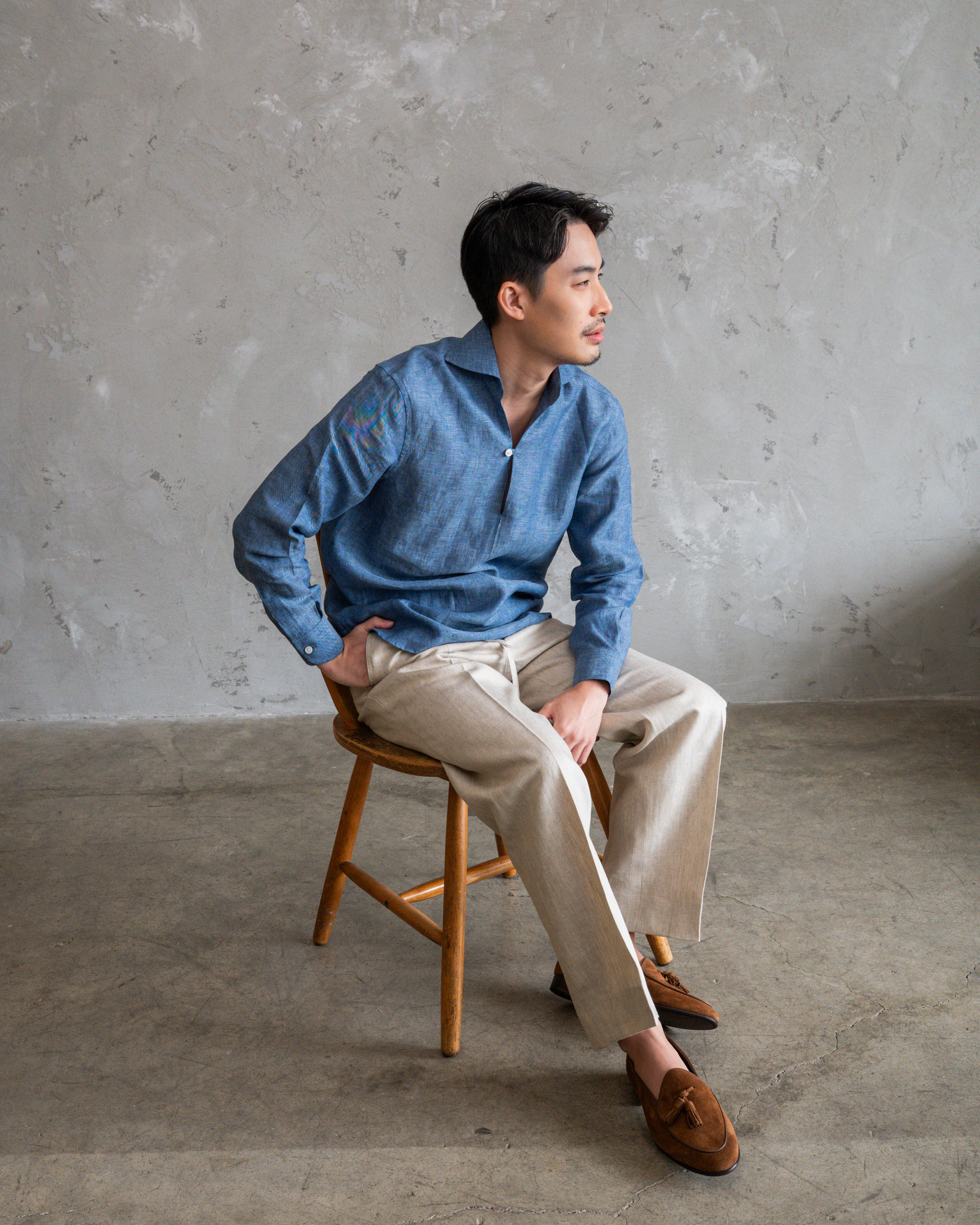 Testa Denim Blue Linen Popover Shirt