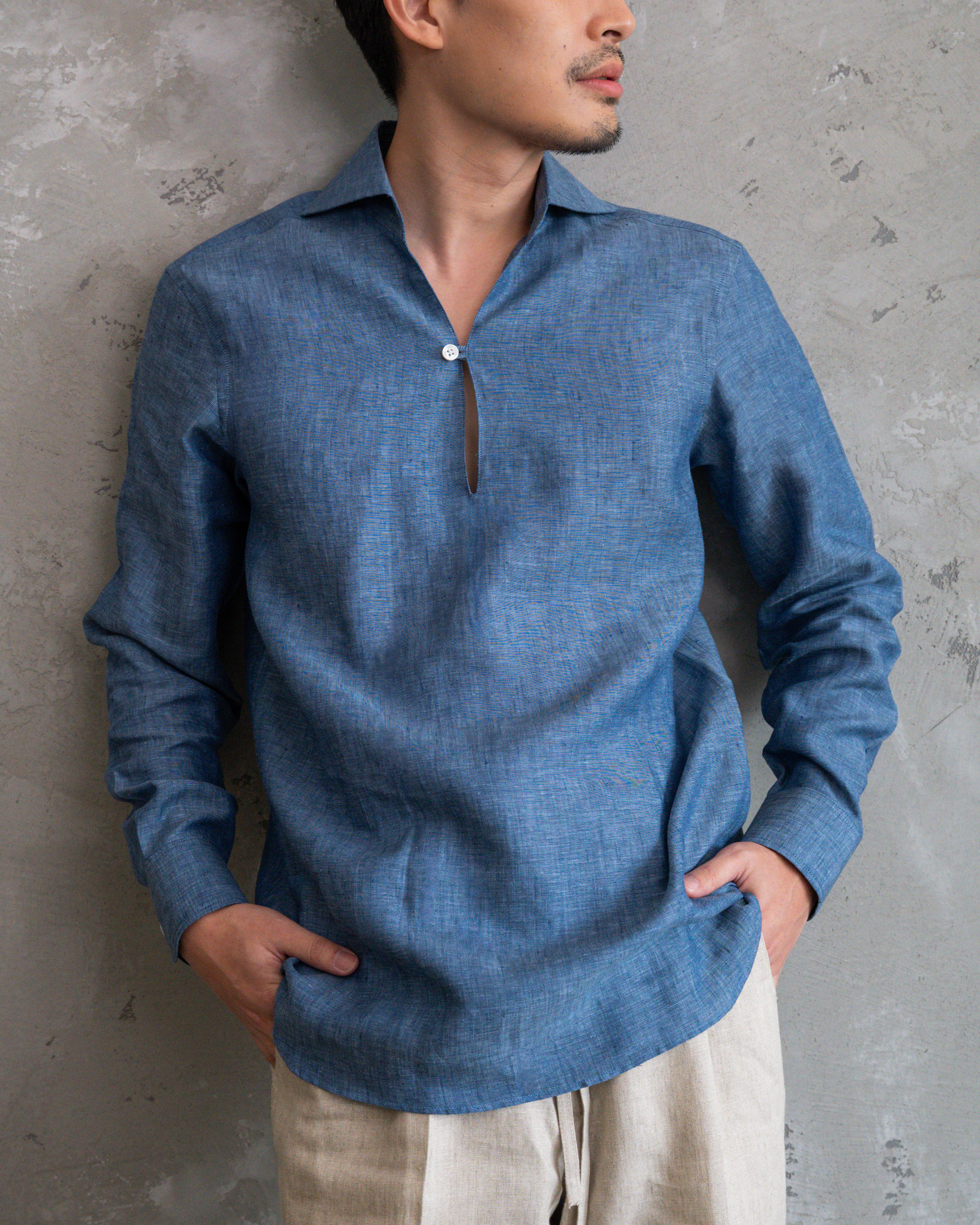 Testa Denim Blue Linen Popover Shirt