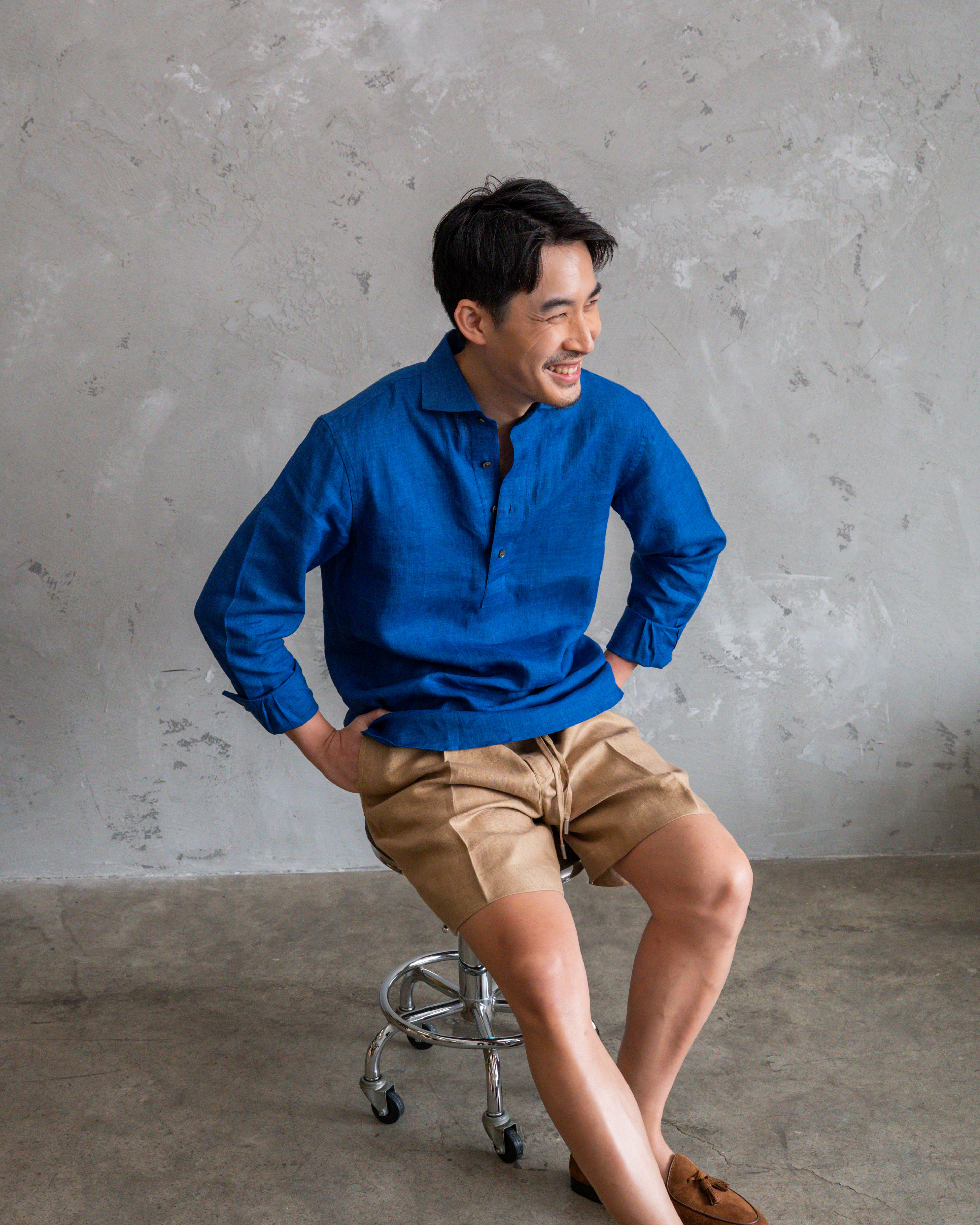 Albini Royal Blue Linen Popover Shirt