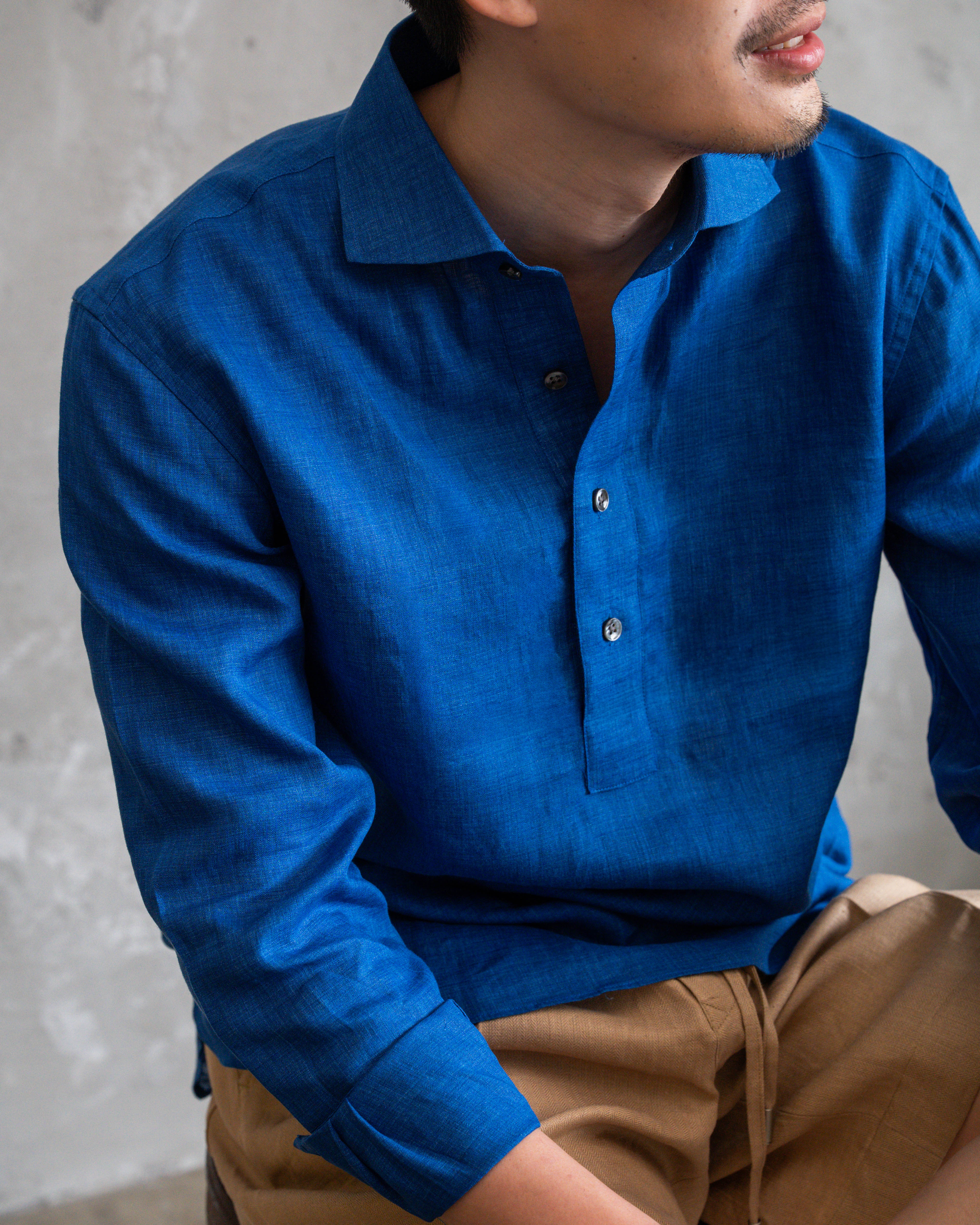 Albini Royal Blue Linen Popover Shirt