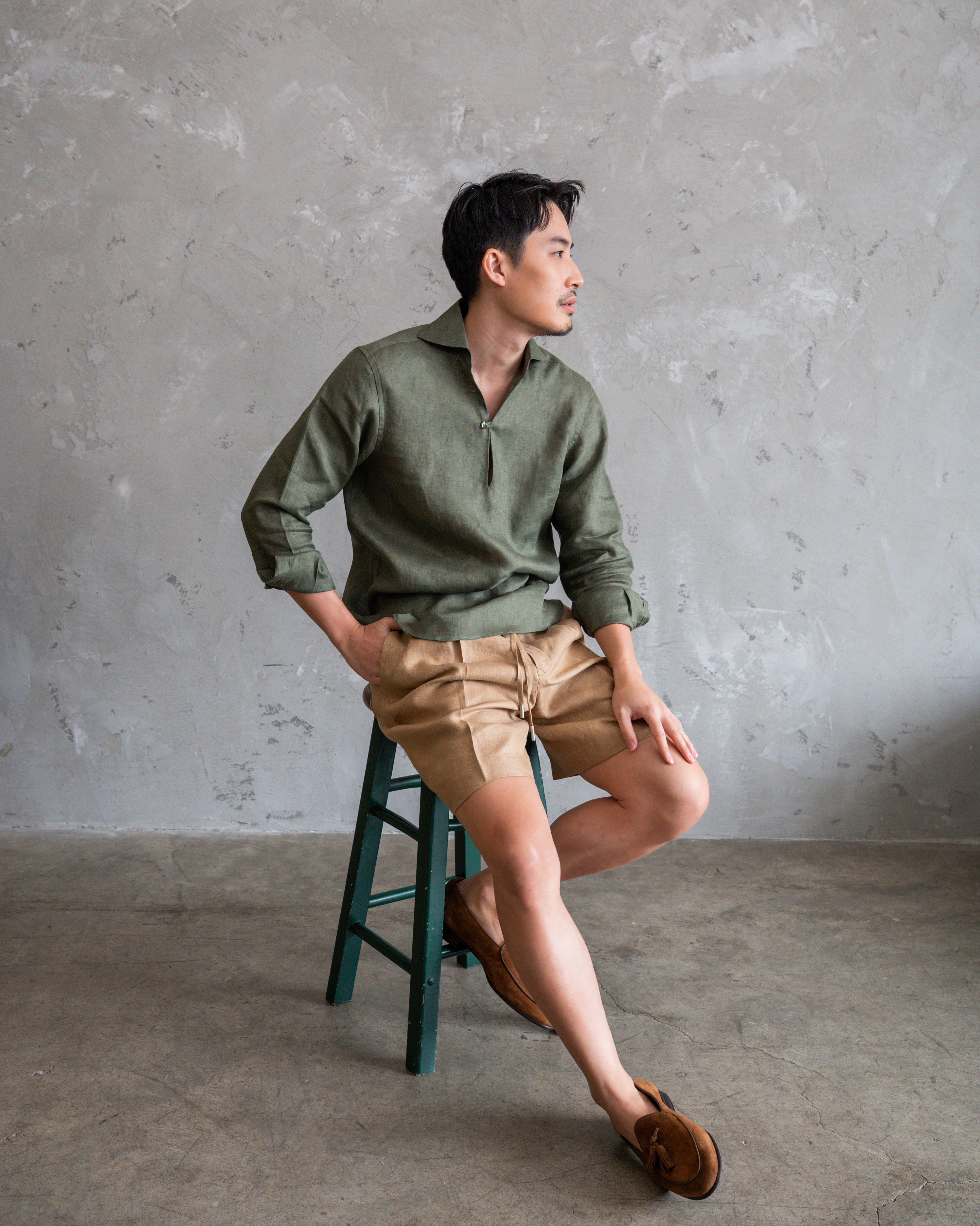 Testa Olive Linen Popover Shirt