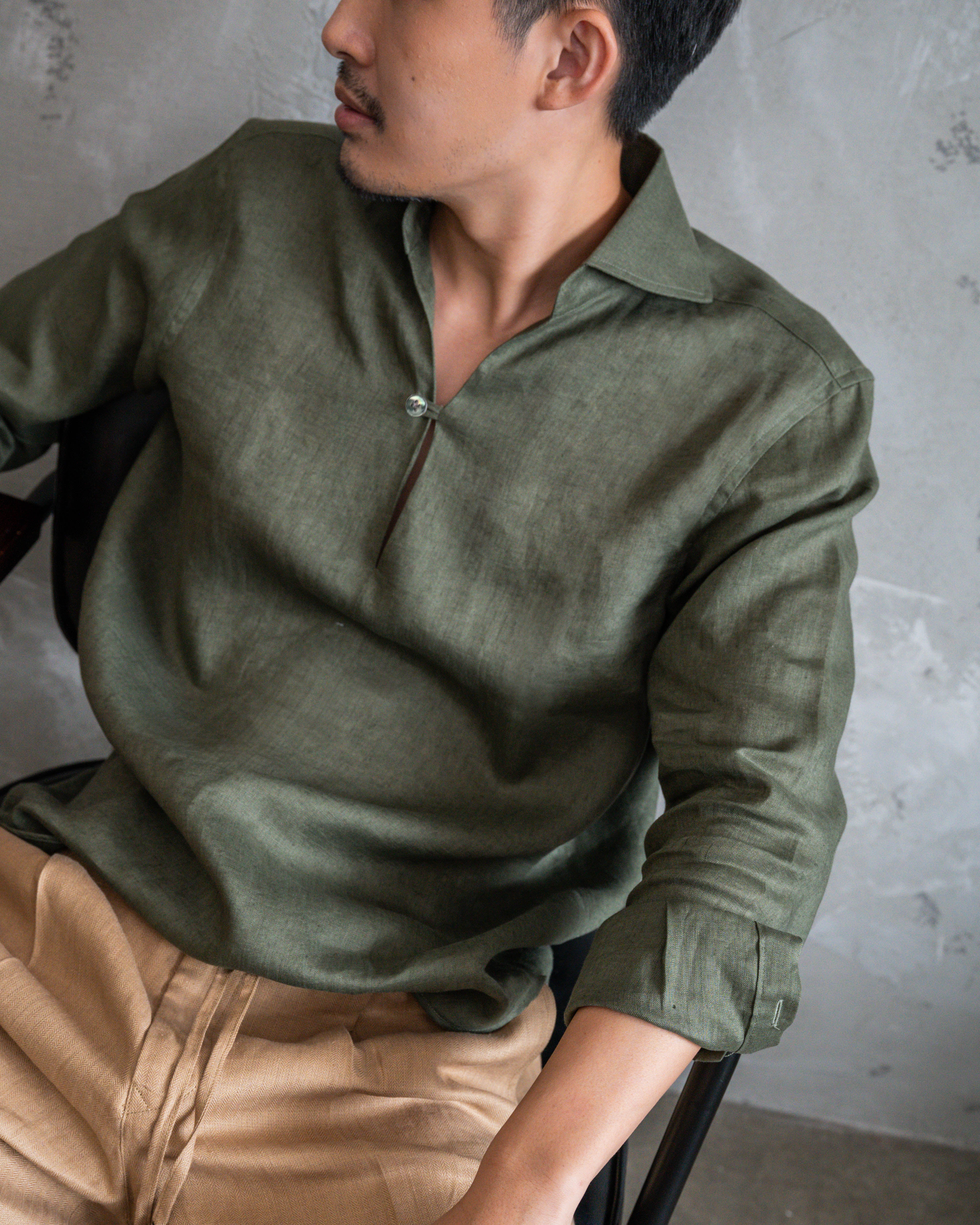Testa Olive Linen Popover Shirt