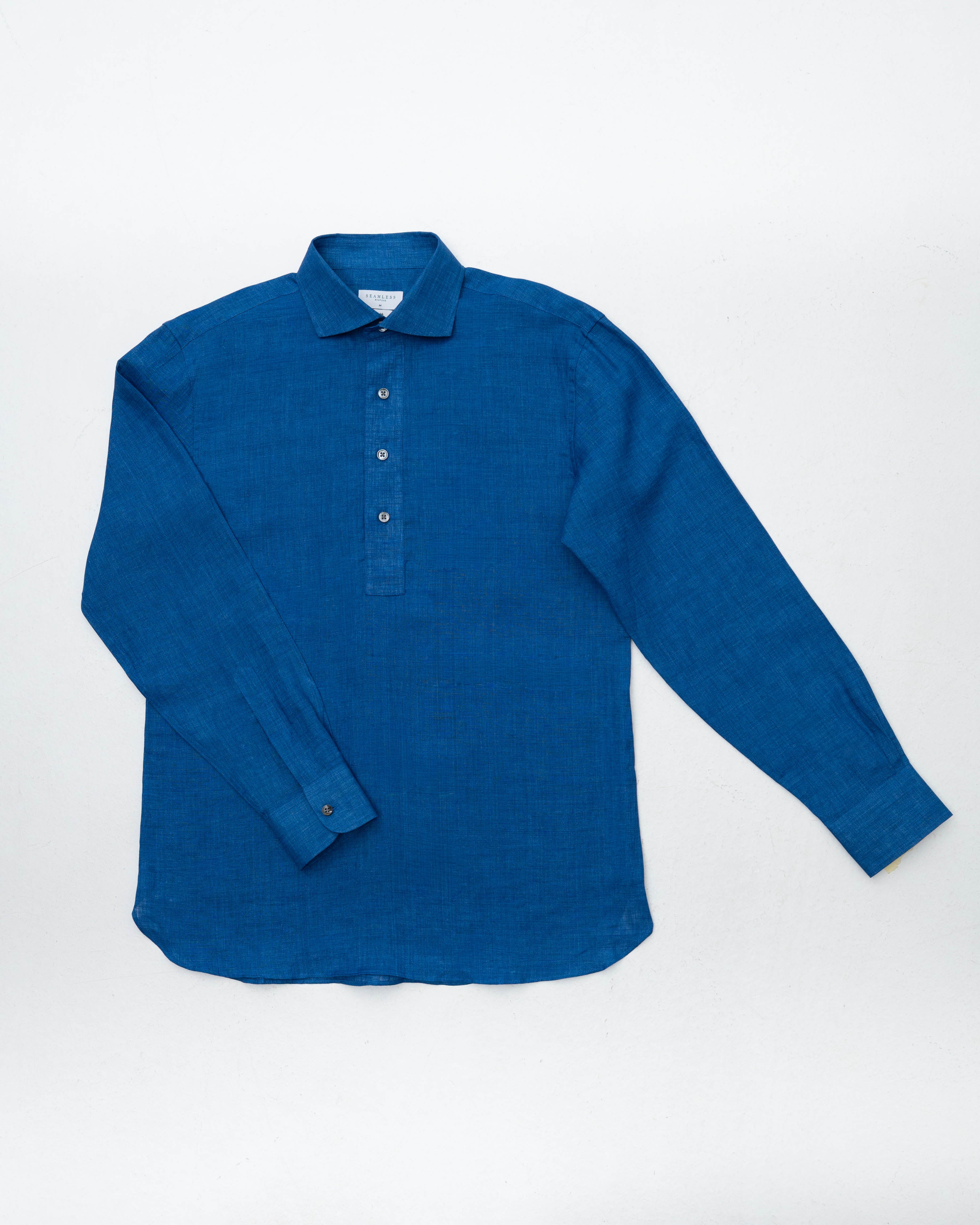 Albini Royal Blue Linen Popover Shirt