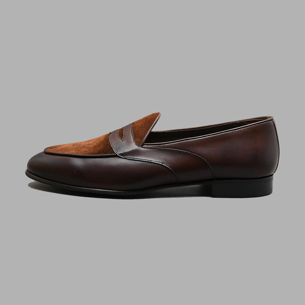 Two Tone Belgian Penny Loafer in Snuff Suede and Moka Calf Leather