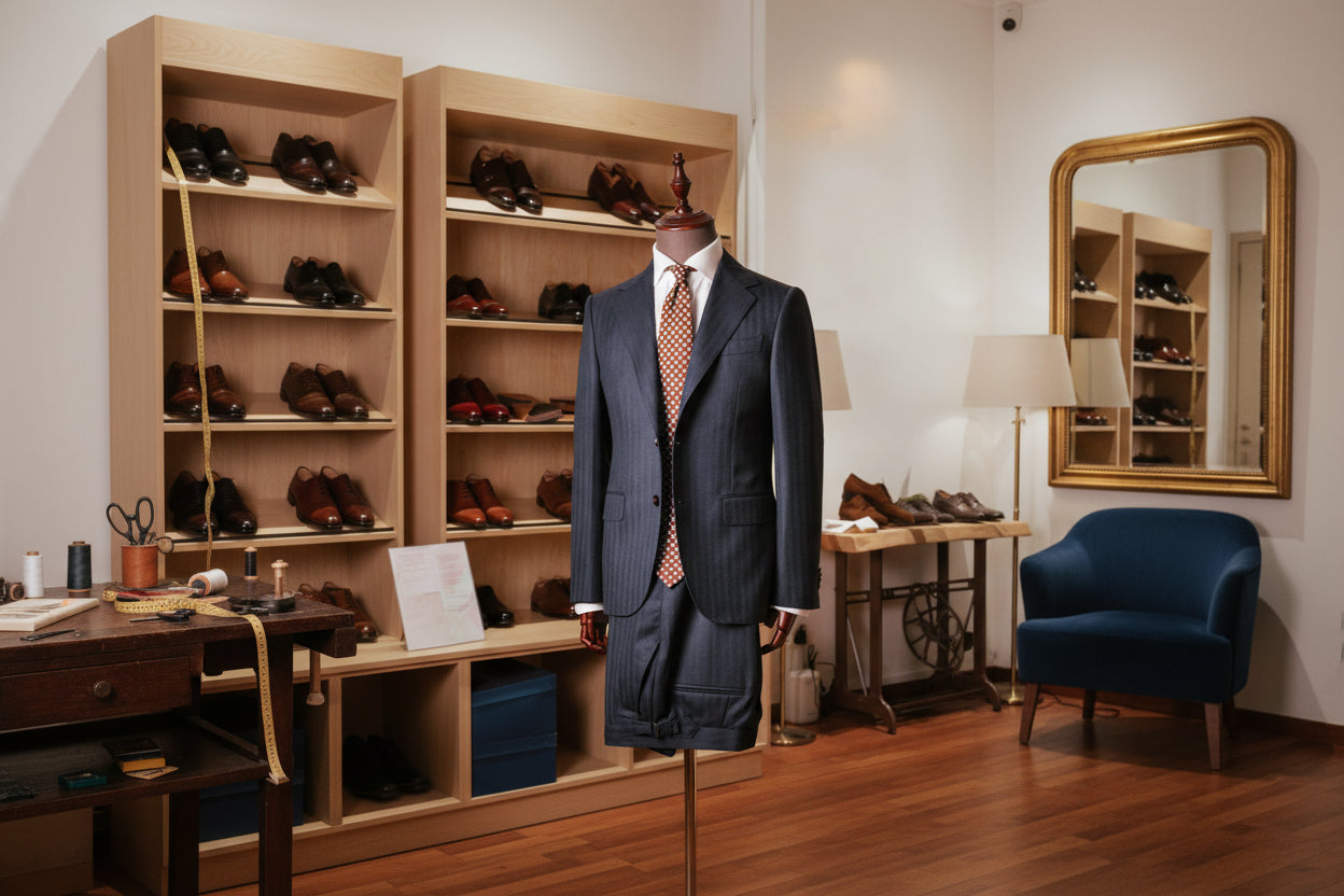 Dark suit with a red patterned tie on a mannequin in a room with shelves of shoes.