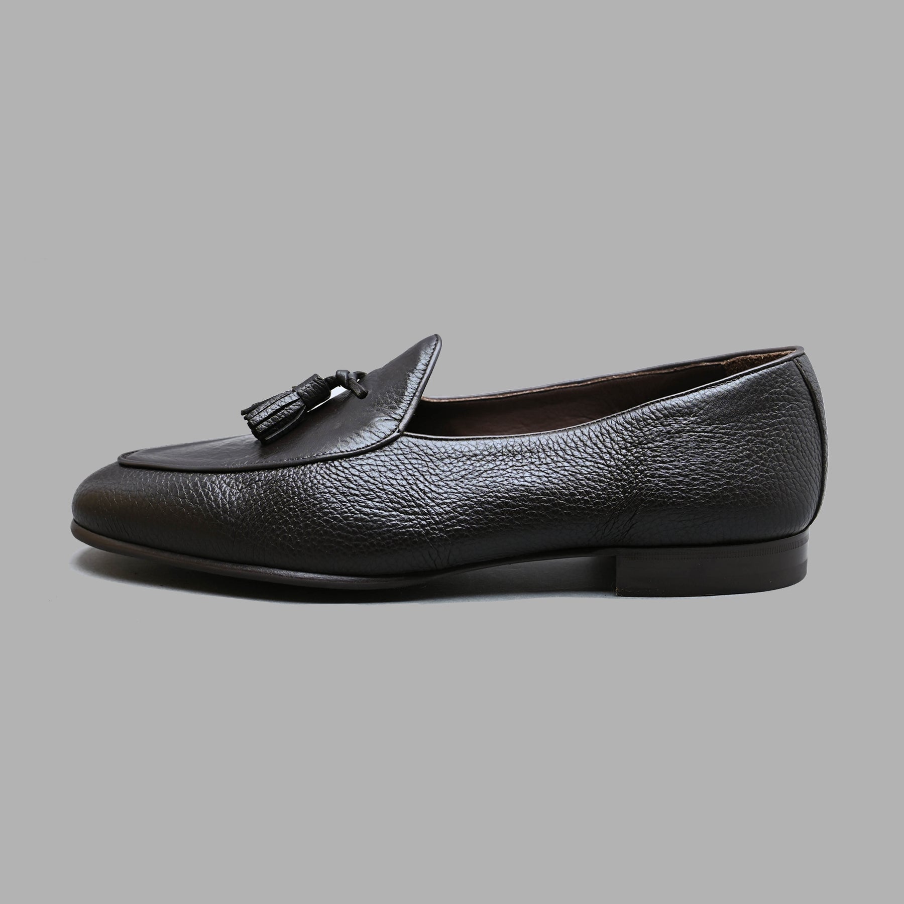 Belgian Tassel Loafer in Dark Brown Deerskin Leather