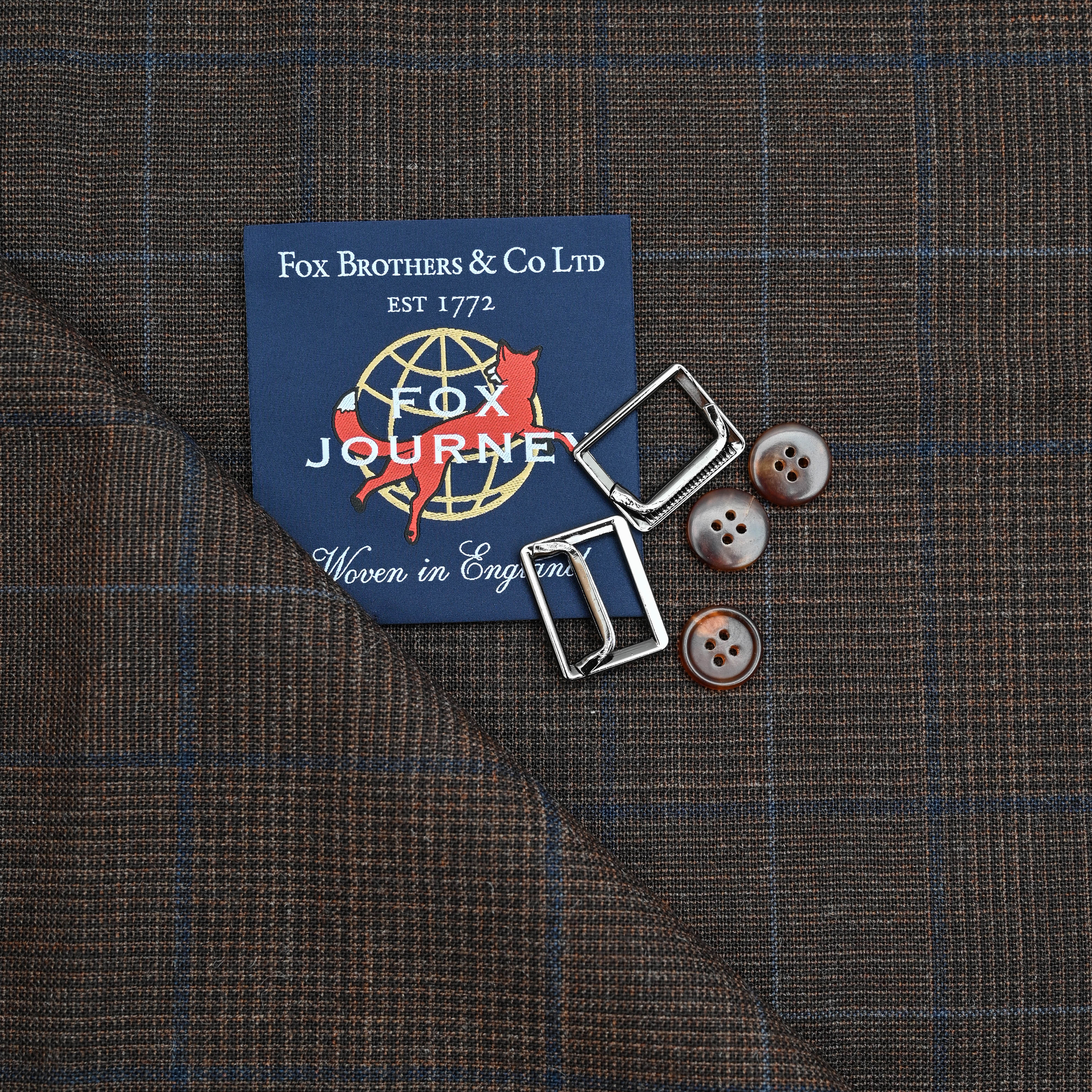 Brown Glen Checks with Blue Overchecks Fox Brothers Journey 100% Wool Jacketing Fabric