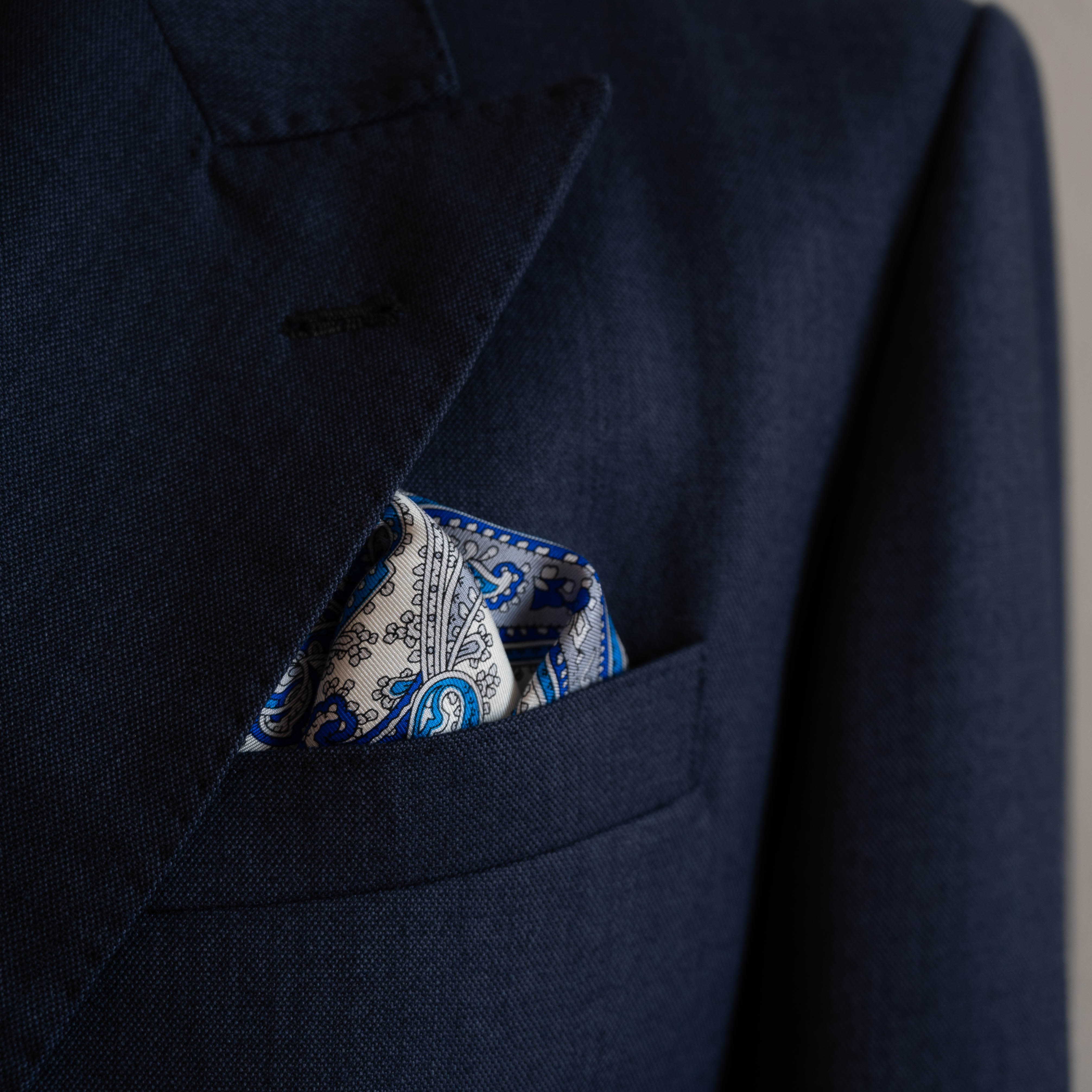 Blue/Grey Paisley Printed Silk Pocket Square