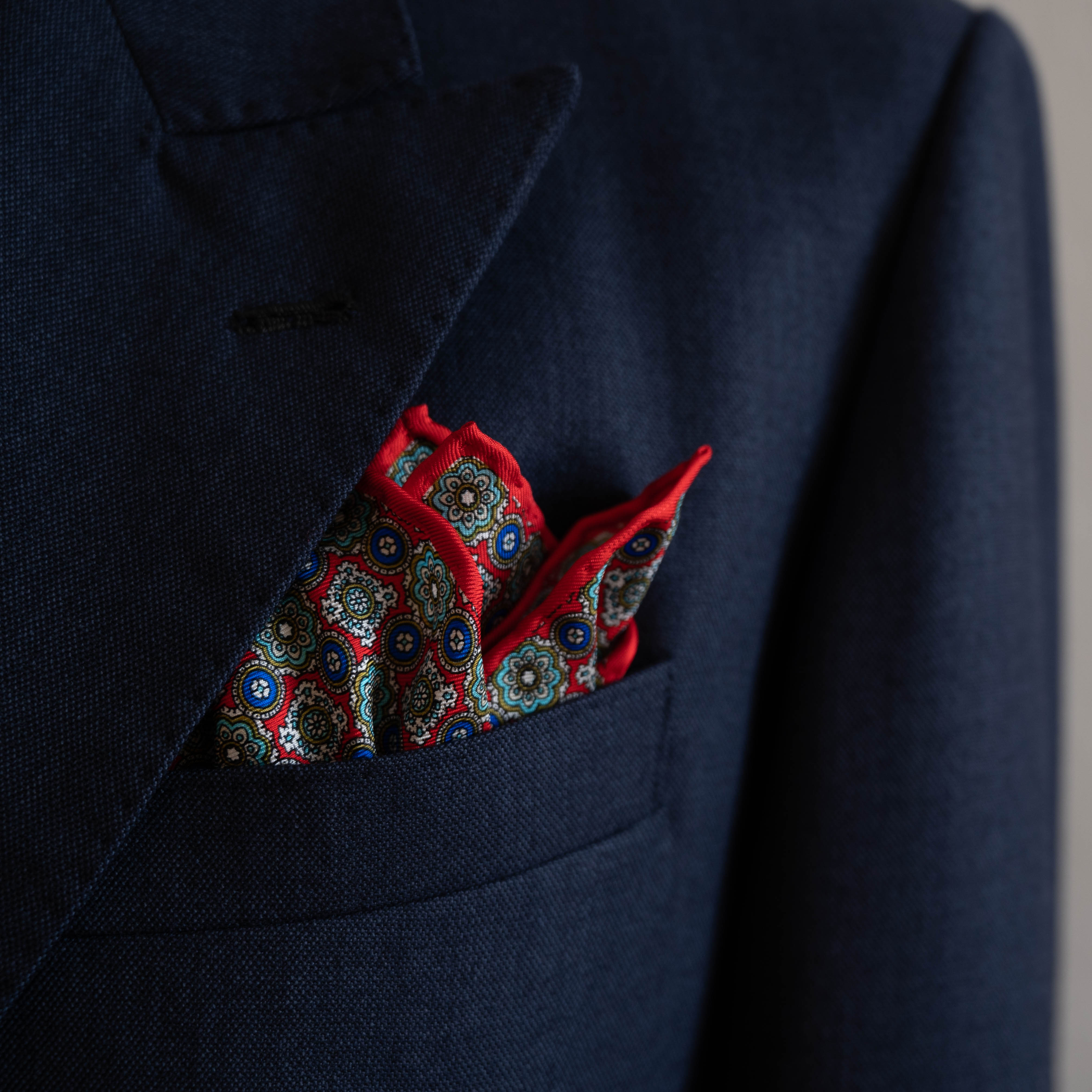 Red/Blue Floral Printed Silk Pocket Square