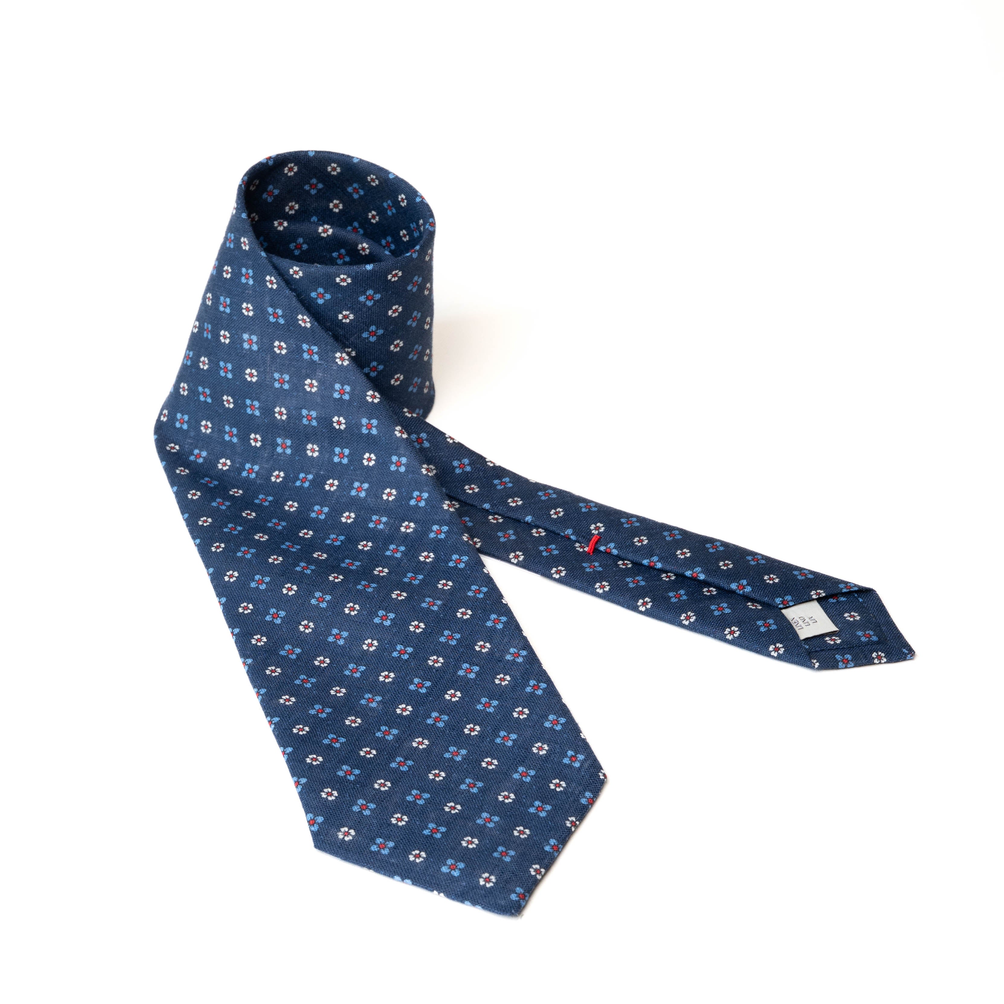 Micro-Flower Motif Linen Tie in Navy