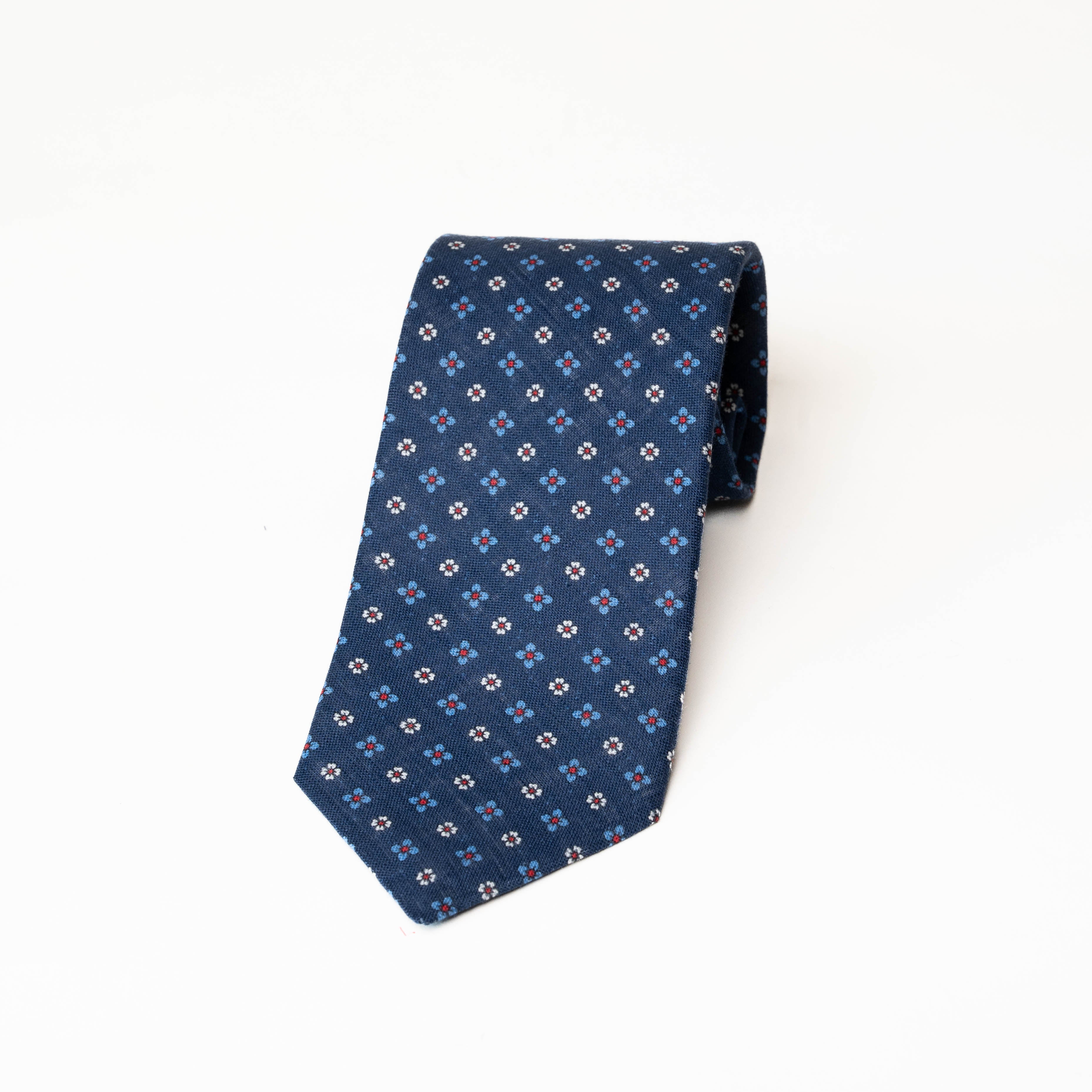 Micro-Flower Motif Linen Tie in Navy