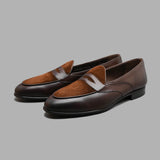 Two Tone Belgian Penny Loafer in Snuff Suede and Moka Calf Leather