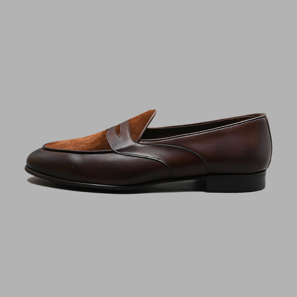 Two Tone Belgian Penny Loafer in Snuff Suede and Moka Calf Leather ...