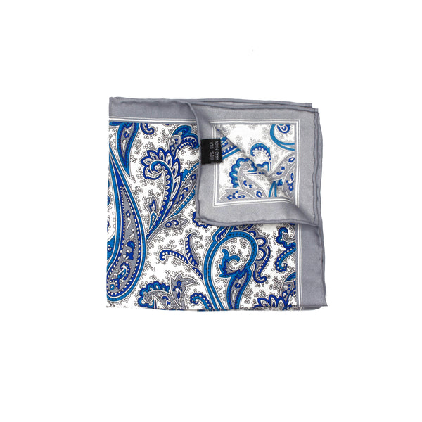 Blue/Grey Paisley Printed Silk Pocket Square